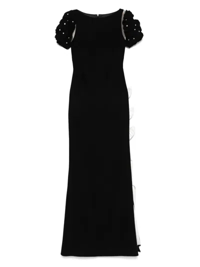 Silk Love & Lace Embellished Puff-sleeve Dress In Black