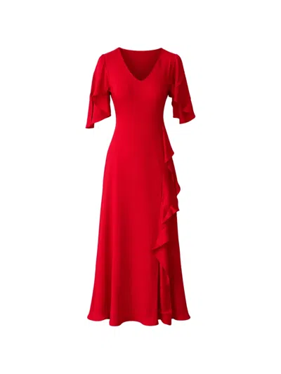 Silk95five Arizona Ruffled V-neck Midi Dress In Red