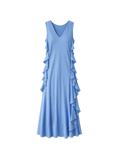 Silk95five Ruffled V-neck Midi Dress In Blue