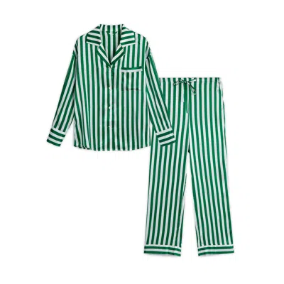 Silkinc Women's  Classic Wide Stripe Long Pajama Set In Green & White