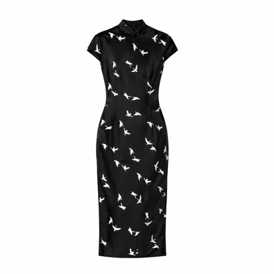 Silkinc Women's  Swan Goose Backless Black Cheongsam