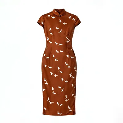 Silkinc Women's  Swan Goose Backless Dark Red Cheongsam In Brown