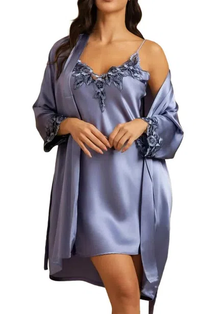 Silksilky 100% Mulberry Silk Spaghetti Strap Lace Nightgown & Robe Set In Steel Blue