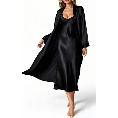 Silksilky 100% Mulberry Silk V-neck Midi Nightgown & Robe Set In Black
