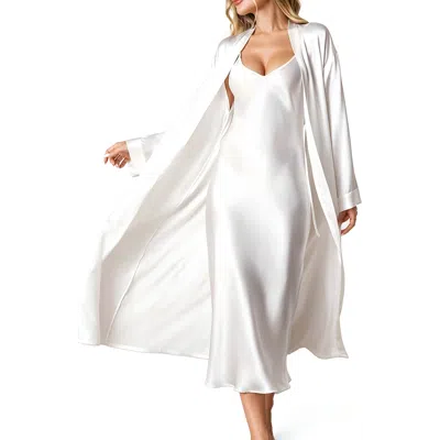 Silksilky 100% Mulberry Silk V-neck Midi Nightgown & Robe Set In White