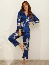 Silksilky 19momme Pure Silk Printed Classic Binding Trim Womens Pajama Set In Darkblue
