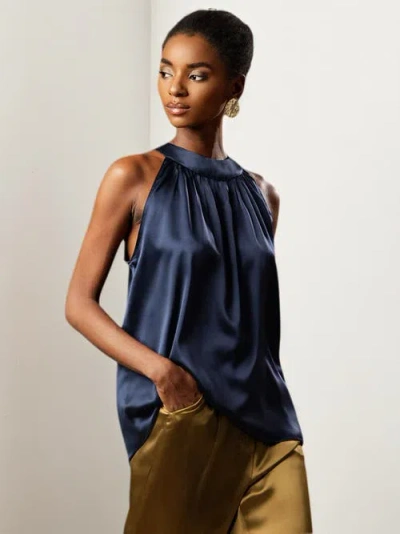 Silksilky 19momme Silk Elegant Halter Off Shoulder Top In Darkblue