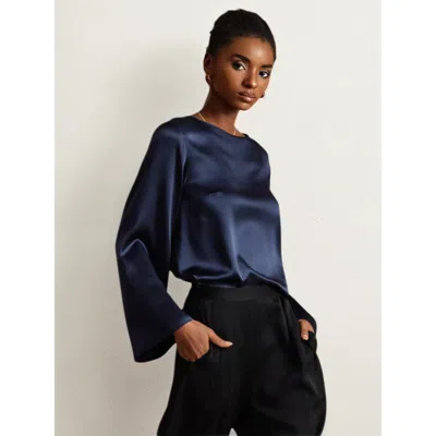 Silksilky 19momme Silk Solid Color Casual Long-sleeved T-shirt In Darkblue