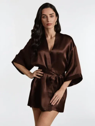 Silksilky Glossy Pure Silk Short Kimono Robe In Brown