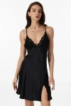 Silksilky Lace Back Straps Silk Dress Nightgown In Black