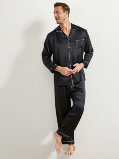 Silksilky Lapel Long Sleeve Pajamas Set In Black