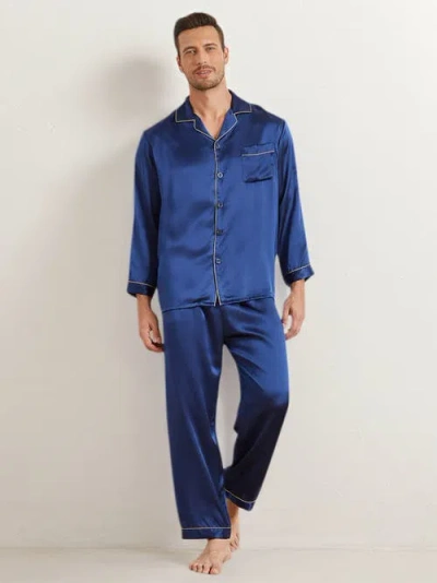 Silksilky Lapel Long Sleeve Pajamas Set In Dark Blue