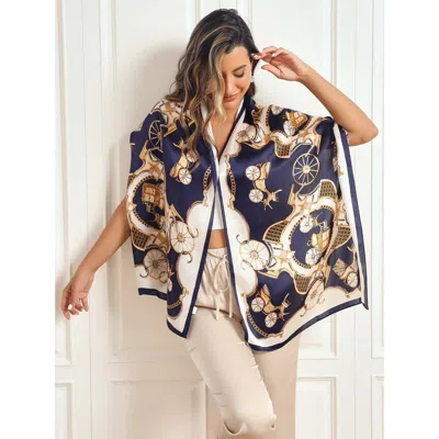 Silksilky Mulberry Silk Printed Carriage Long Rectangle Shawl Scarf In Blue