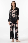 Silksilky 19momme Pure Silk Printed Classic Binding Trim Womens Pajama Set In Black