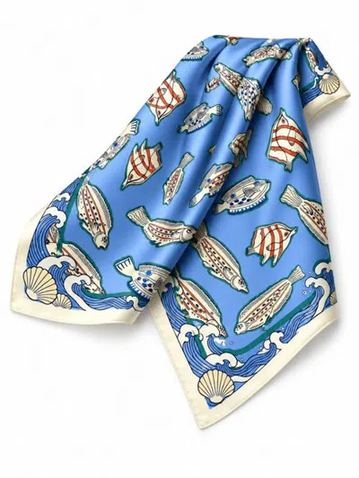 Silksilky Printed Square Silk Scarf In Blue Fish