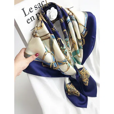 Silksilky Pure Mulberry Silk Printed Square Shawl Scarf In Blue