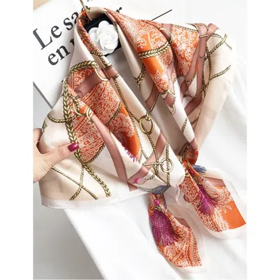 Silksilky Pure Mulberry Silk Printed Square Shawl Scarf In Orange