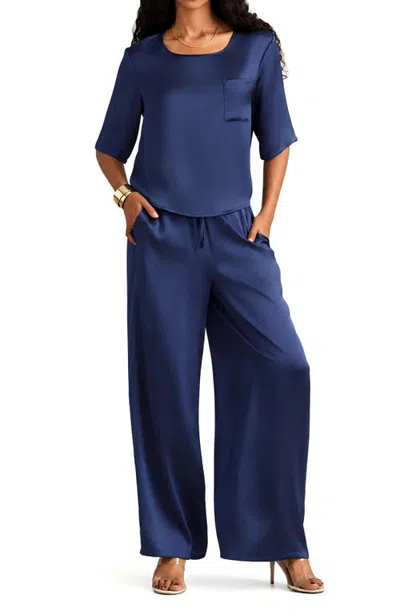 Silksilky Pure Silk Half Sleeve Pajamas In Dark Blue
