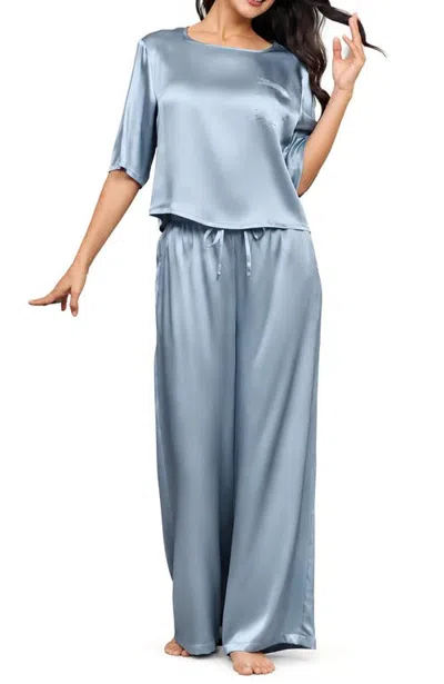 Silksilky Pure Silk Half Sleeve Pajamas In Grayish Blue