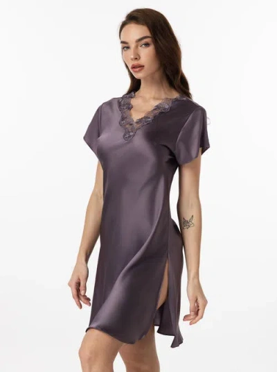 SILKSILKY SILKSILKY PURE SILK LACE NECK SPLIT HEM NIGHTGOWN