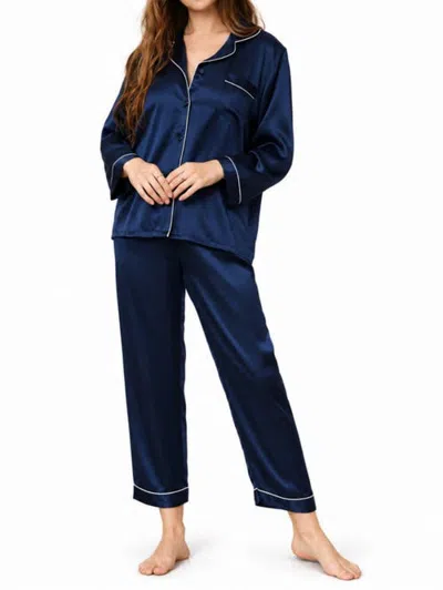Silksilky Pure Silk Long Sleeve Notch Collar Pajamas In Dark Blue