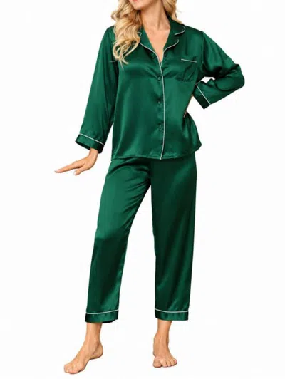 Silksilky Pure Silk Long Sleeve Notch Collar Pajamas In Green
