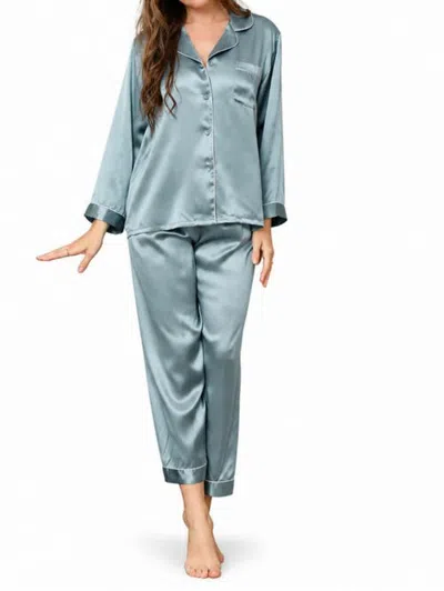 Silksilky Pure Silk Long Sleeve Notch Collar Pajamas In Steel Blue