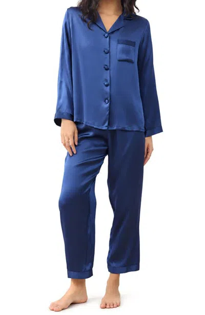 Silksilky Pure Silk Long Sleeve Pajamas In Dark Blue