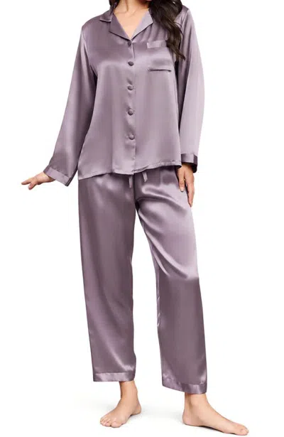 Silksilky Pure Silk Long Sleeve Pajamas In Purple Gray