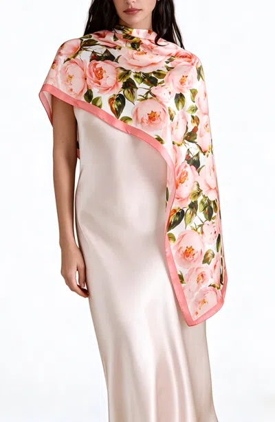 Silksilky Pure Silk Pink Peony Floral Print Long Scarf In Peach Pink
