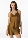Silksilky Silk Spaghetti Strap Camisole Pajama Set In Brown