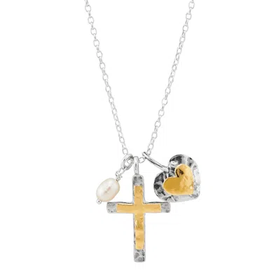 Silpada Powerful Duo' Silver 14k Gold Plating Freshwater Pearl Cross Pendant In White