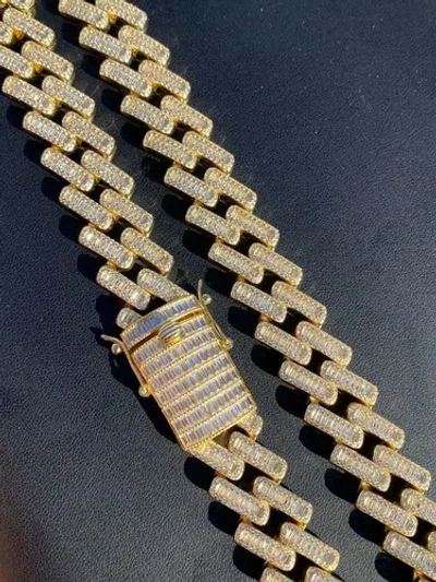 Pre-owned Silver 18mm Baguette Prong Cuban Chain 14k Gold Plated Solid 925  Heavy Hiphop Cz