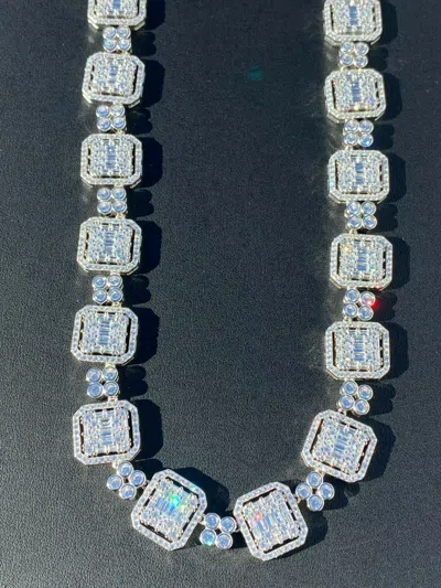 Pre-owned Silver 925 Sterling  Baguette Link Chain Iced 16mm Men's Cz Necklace Choker