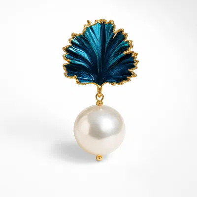 Silver & Elegant Co. Women's Blue Leaf Pearl Thick Gold Plated Bronze Brooch