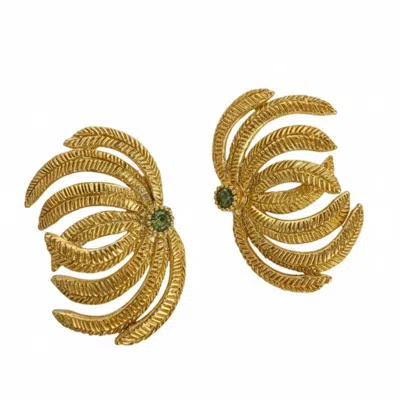 Silver & Elegant Co. Women's Gold / Green Sculptural Palm Leaf Thick Gold Plated Bronze Earrings In Multi
