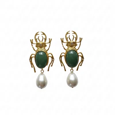 Silver & Elegant Co. Women's Gold / Green The Verdant Scarab & Pearl Earrings In Multi