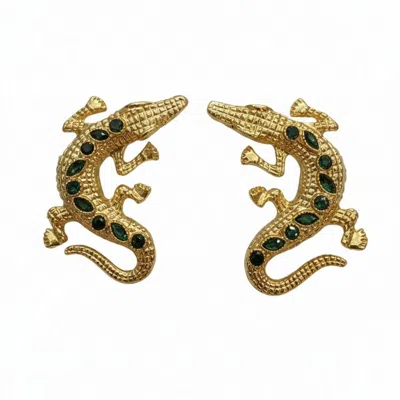 Silver & Elegant Co. Women's Gold The Emerald Croc Studs