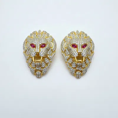 Silver & Elegant Co. Women's Gold The Majestic Crystal Lion Studs
