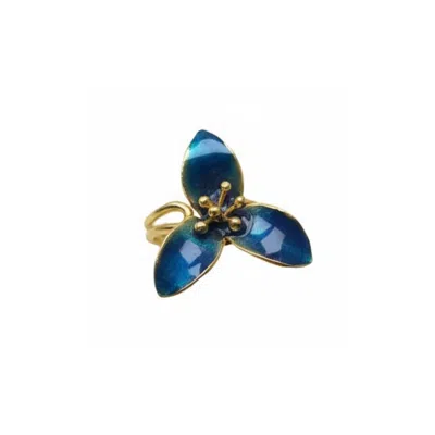 Silver & Elegant Women's Gold Teal Blossom Enamel Adjustable Ring