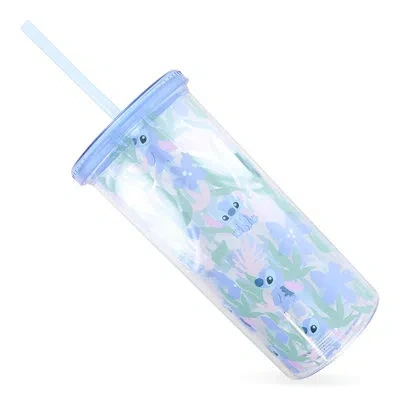 Silver Buffalo Disney Lilo & Stitch Floral Pattern 20oz Plastic Cold Cup W/ Lid And Straw In Blue;green;clear