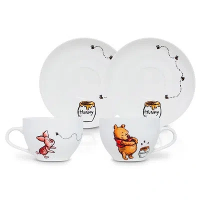 Silver Buffalo Disney Winnie The Pooh Bone China 4-piece Teacup And Saucer Set In White