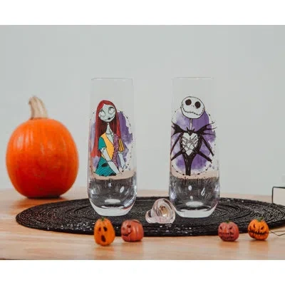 Silver Buffalo Jack And Sally 2 Piece 9 Oz. Glass Flute Set In Green;yellow;purple