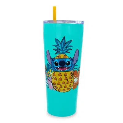 Silver Buffalo Lilo And Stitch Ohana 22 Oz. Double Wall Stainless Steel Travel Tumbler With Straw In Green;yellow