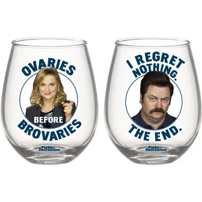 Silver Buffalo Parks And Recreation Ron & Leslie 2 Piece 20 Oz. Glass Stemless Wine Glass Set In Multicolor