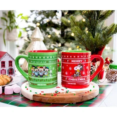 Silver Buffalo Peanuts Charlie Brown And Snoopy Christmas Sweaters Ceramic Mugs | Set Of 2 In Green;red