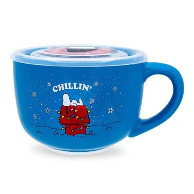 Silver Buffalo Peanuts Snoopy "chillin" Ceramic Soup Mug With Vented Lid | Holds 24 Ounces In Blue;red