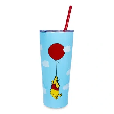 Silver Buffalo Pooh 22 Oz. Double Wall Stainless Steel Tumbler With Straw In Blue;red;yellow