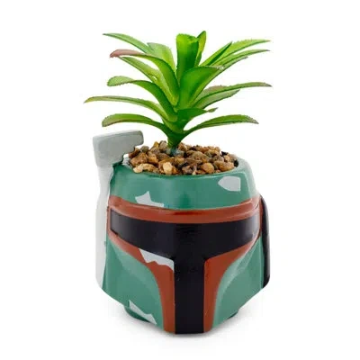 Silver Buffalo Star Wars Boba Fett Helmet 3-inch Ceramic Mini Planter With Artificial Succulent In Green