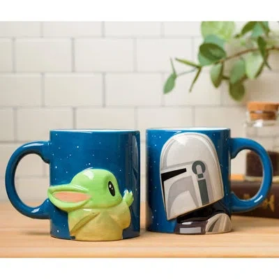Silver Buffalo Star Wars The Mandalorian And Child 20-ounce Ceramic Mug 2-pack In Blue;white;green